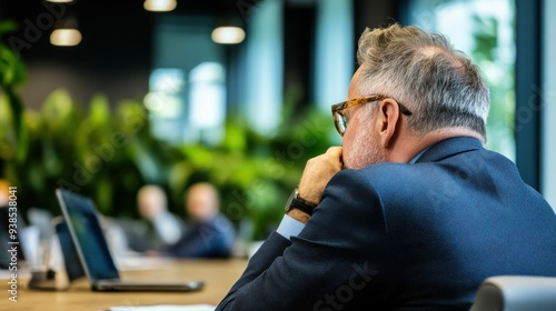 Businessman Contemplating in Modern Eco-Friendly Office with Greenery.