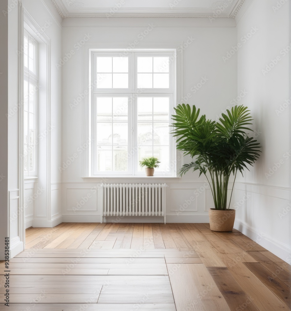 An empty white room with a wooden floor and a potted plant An empty white room with a wooden floor and a potted plant