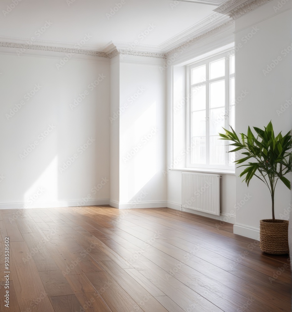 Obraz premium An empty white room with a wooden floor and a potted plant