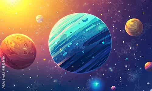 2D cartoon style representation of a planet in a galaxy showcasing elements of astronomy and the wonders of space