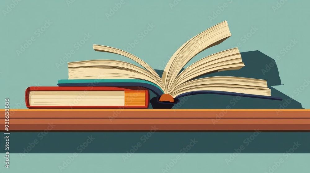 A stack of textbooks on a school shelf, with one open book representing the back-to-school season A stack of textbooks on a school shelf, with one open book representing the back-to-school season
