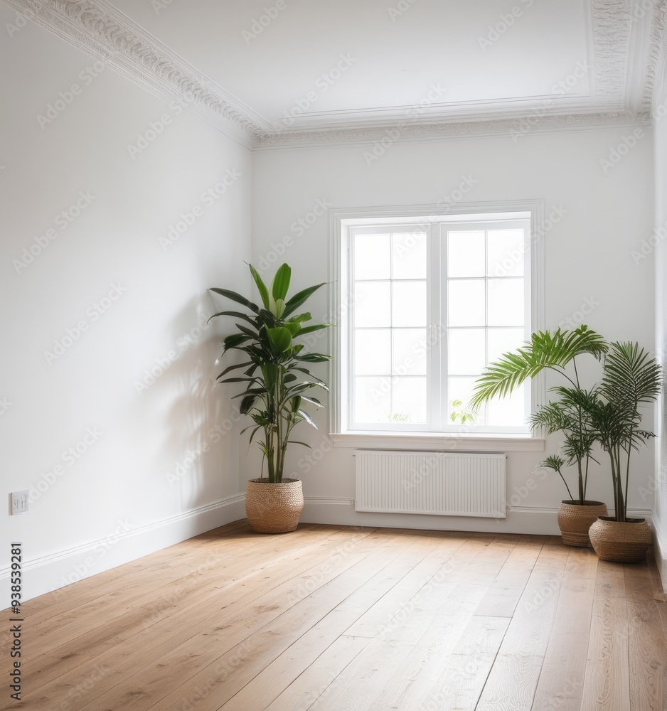 An empty white room with a wooden floor and a potted plant An empty white room with a wooden floor and a potted plant