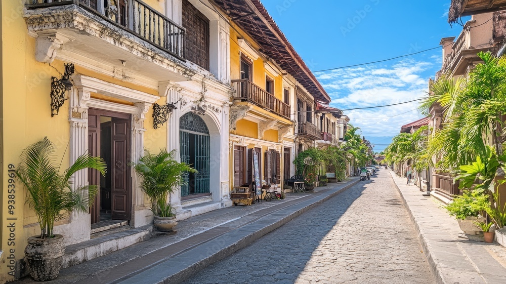 Colorful colonial architecture on sunny cobblestone street with potted plants Colorful colonial architecture on sunny cobblestone street with potted plants