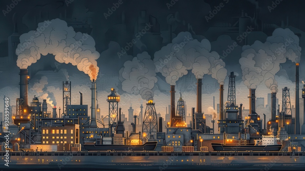 An industrial port area with smoke and activity, dark and moody watercolor tones, watercolor industrial port, global shipping lanes An industrial port area with smoke and activity, dark and moody watercolor tones, watercolor industrial port, global shipping lanes