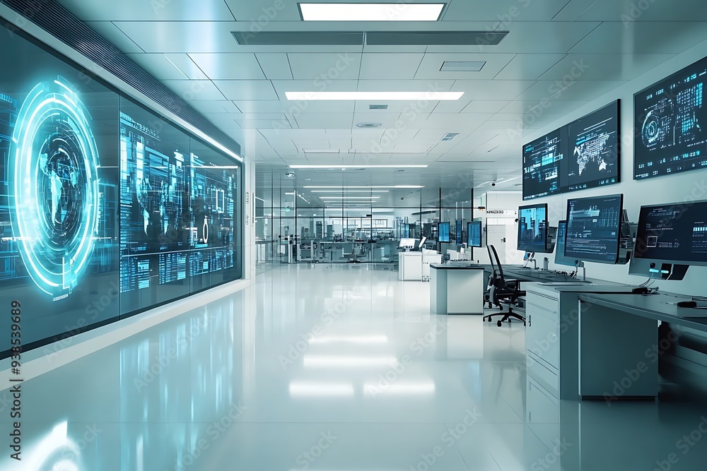 A futuristic security room in a high tech factory A futuristic security room in a high tech factory