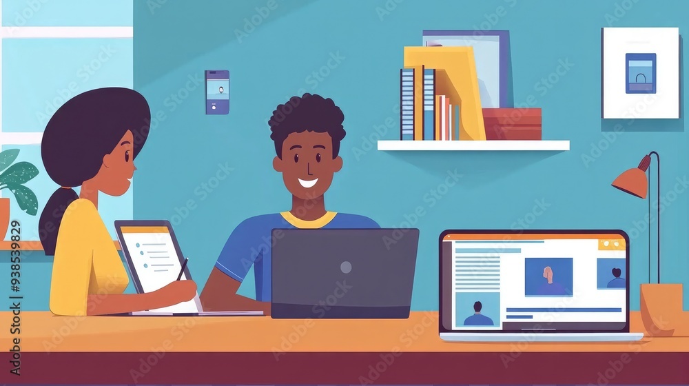 A student participating in a virtual classroom, with a laptop and tablet showing educational content A student participating in a virtual classroom, with a laptop and tablet showing educational content