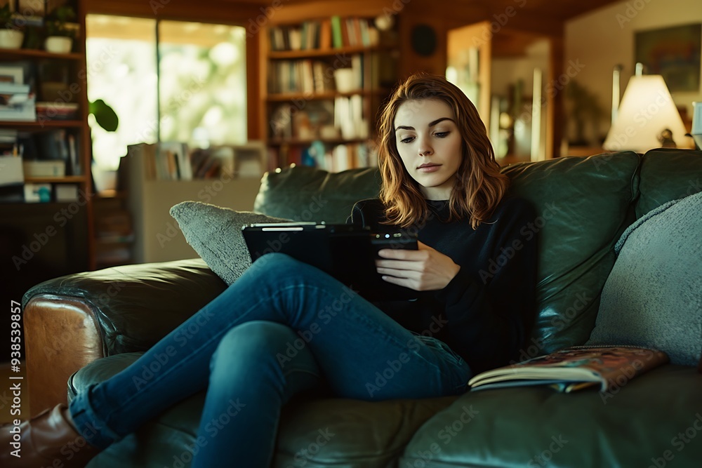 woman sitting on sofa with tablet woman sitting on sofa with tablet