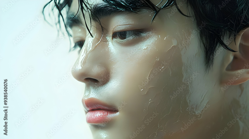 Close-up portrait of a young man with wet skin and hair, looking down. Close-up portrait of a young man with wet skin and hair, looking down.