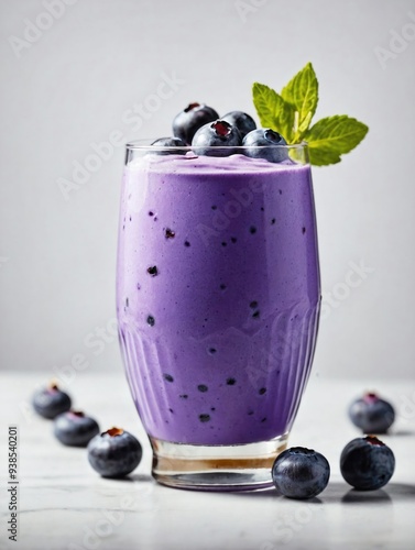 A clear glass filled with blueberry milkshake on a plain white background.