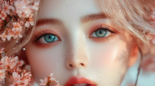 Close-up portrait of a young woman with blue eyes and pink makeup, framed by delicate pink blossoms.