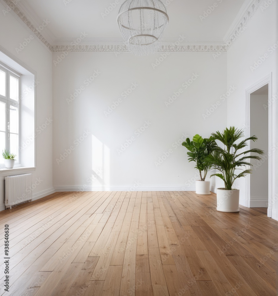 An empty white room with a wooden floor and a potted plant An empty white room with a wooden floor and a potted plant