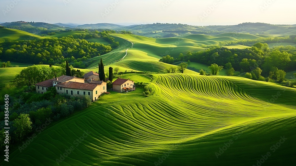 Fototapeta premium Green rolling hills and farm houses of Crete Senesi Senese Clays Province of Siena Tuscany Italy Europe : Generative AI