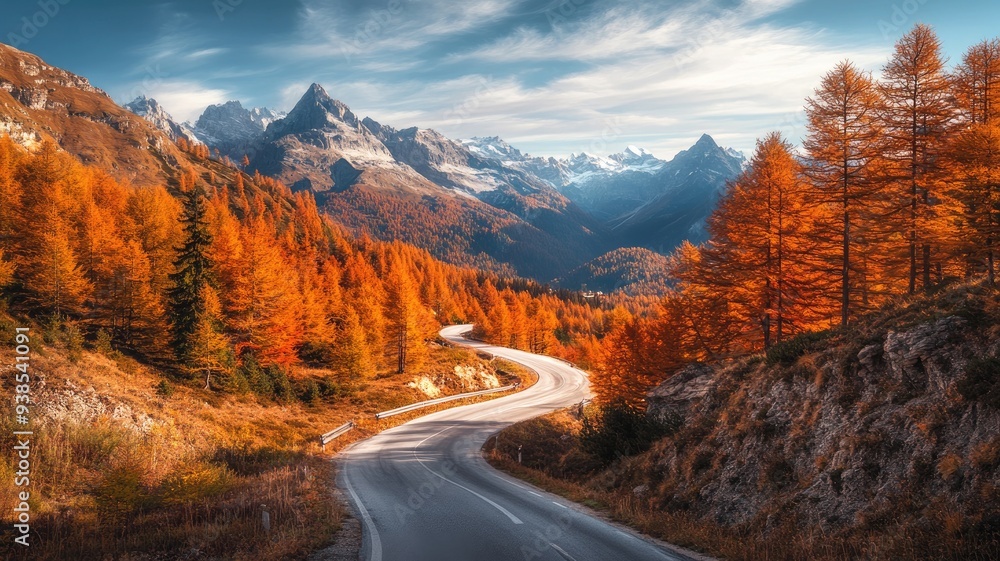 Winding road through vibrant autumn forest leading to snow-capped mountains under clear blue sky Winding road through vibrant autumn forest leading to snow-capped mountains under clear blue sky