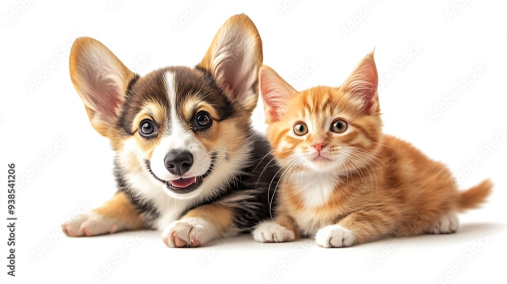 Obraz premium Cute Welsh corgi puppy and a red kitten sit together on a white background isolated on a white background : Generative AI