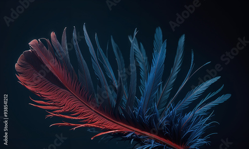 Close-up of a red and blue bird's feather on deep blue background 
