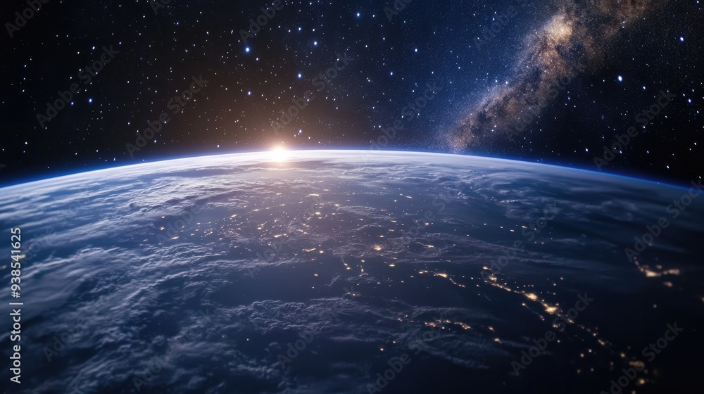 A view of Earth from space, with the Milky Way galaxy and countless stars stretching across the sky A view of Earth from space, with the Milky Way galaxy and countless stars stretching across the sky