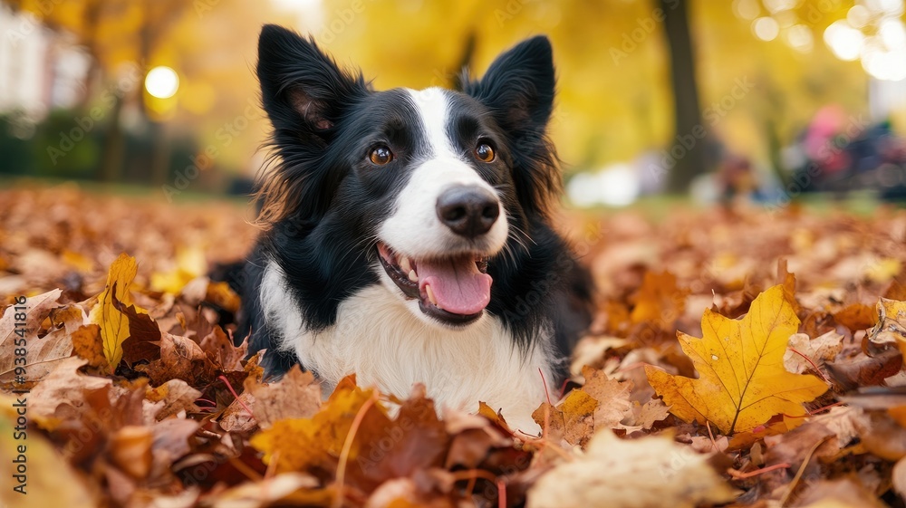 Border Collie dog in autumn leaves, tongue out, happy and playful Border Collie dog in autumn leaves, tongue out, happy and playful