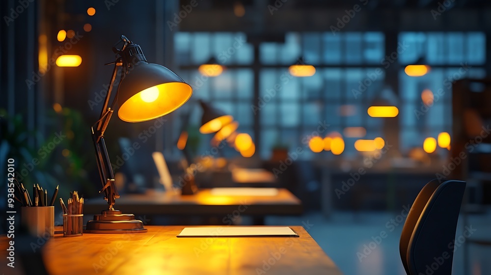 Interior of modern office with desks and glowing lamps : Generative AI Interior of modern office with desks and glowing lamps : Generative AI