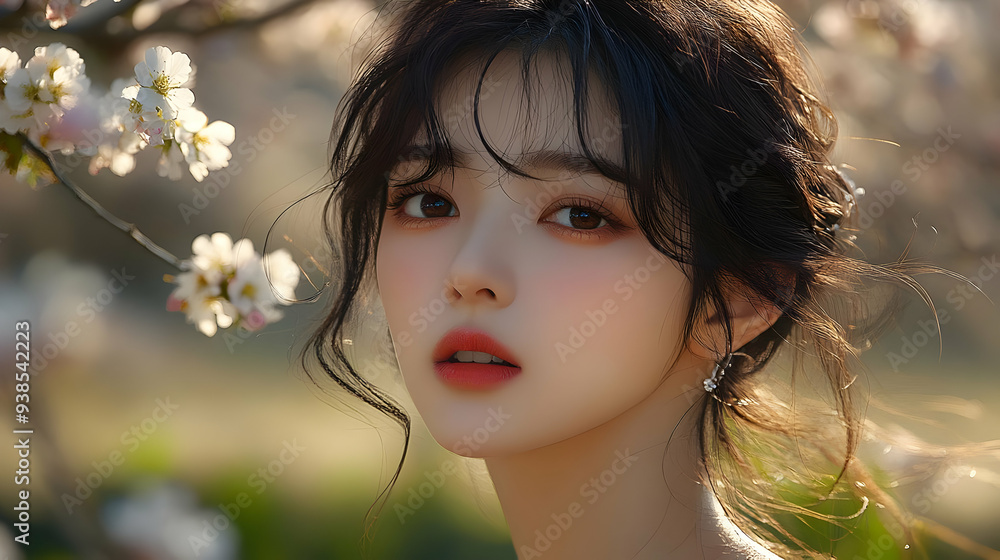 Close-up portrait of a young woman with long black hair and cherry blossom flowers in the background. Close-up portrait of a young woman with long black hair and cherry blossom flowers in the background.