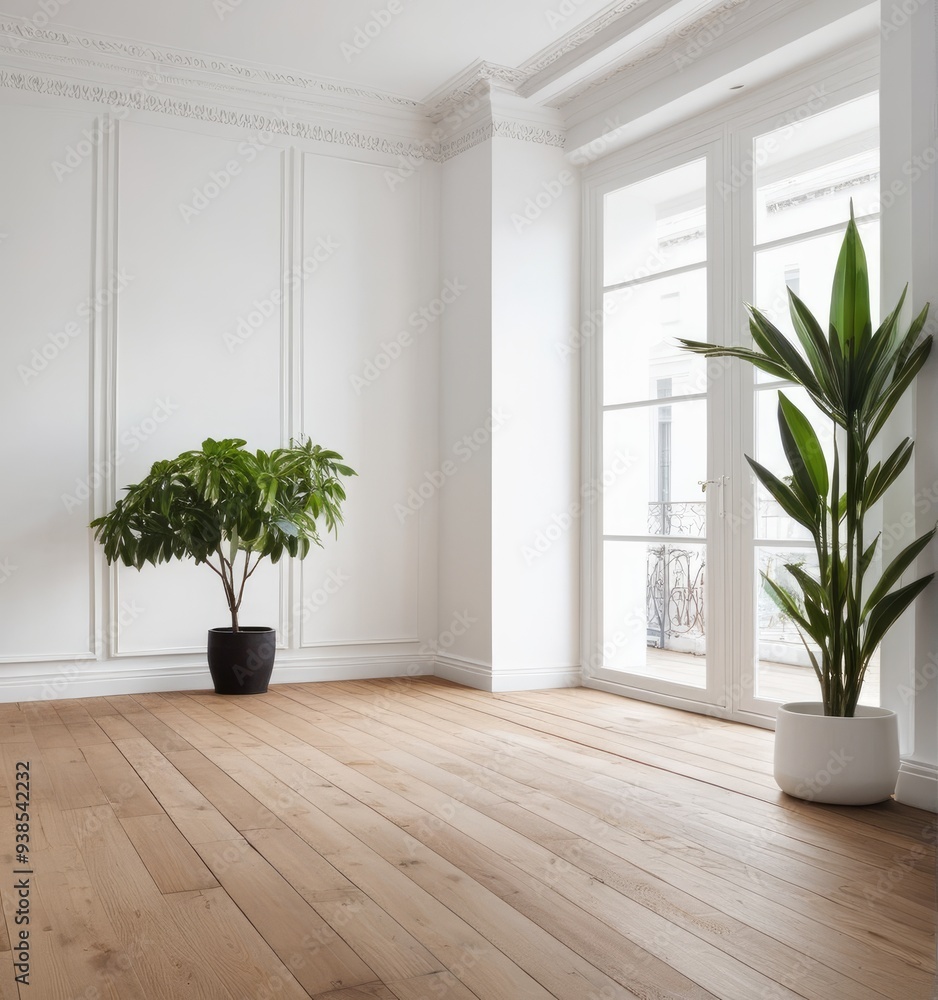 An empty white room with a wooden floor and a potted plant An empty white room with a wooden floor and a potted plant