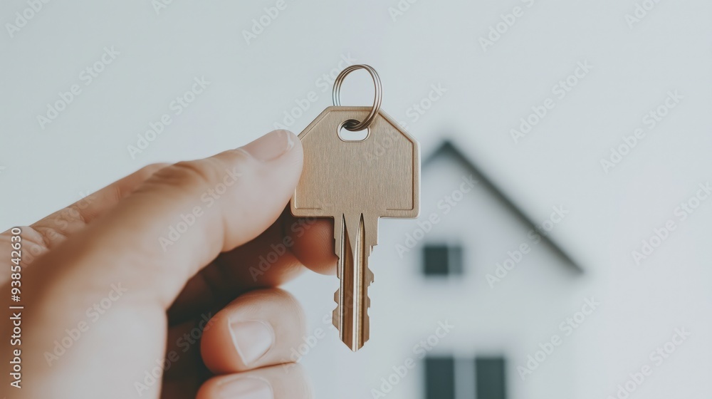 A close-up of a hand holding a key in front of a blurred house, home ownership, real estate transactions, and new beginnings. Buying a home, moving in, or real estate services. A close-up of a hand holding a key in front of a blurred house, home ownership, real estate transactions, and new beginnings. Buying a home, moving in, or real estate services.