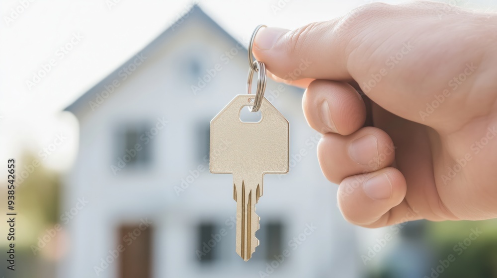 A close-up of a hand holding a key in front of a blurred house, home ownership, real estate transactions, and new beginnings. Buying a home, moving in, or real estate services. A close-up of a hand holding a key in front of a blurred house, home ownership, real estate transactions, and new beginnings. Buying a home, moving in, or real estate services.