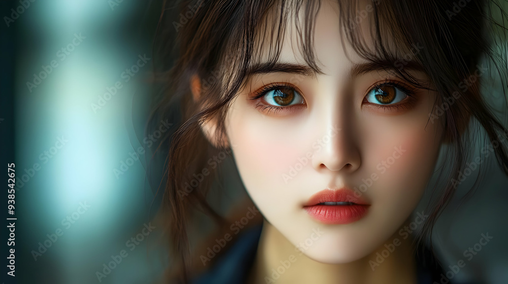 Close-up portrait of a young woman with long brown hair, looking at the camera with soft, natural makeup, featuring a blurry background. Close-up portrait of a young woman with long brown hair, looking at the camera with soft, natural makeup, featuring a blurry background.