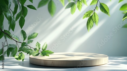 Wood podium tabletop floor with tree branch green leaf on white backgroundBeauty cosmetic and healthy natural product placement pedestal platform showcase stand displayspring or summer : Generative AI photo