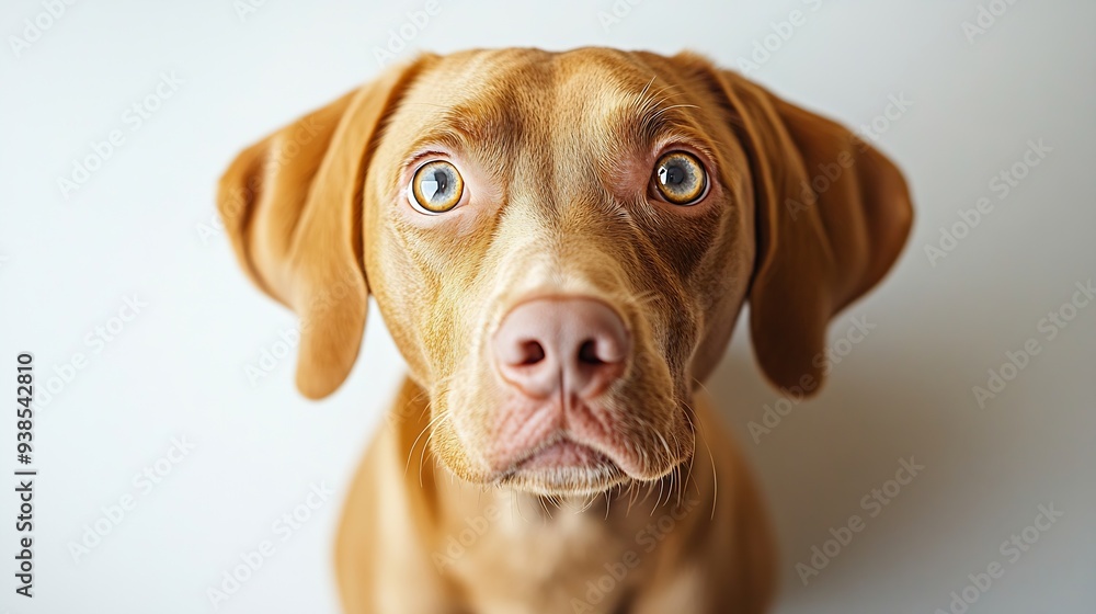 View from above of young purebred Hungarian Vizsla dog looking at camera against white studio background Fish eye effect Concept of pet lovers animal life grooming and veterinary Copy : Generative AI View from above of young purebred Hungarian Vizsla dog looking at camera against white studio background Fish eye effect Concept of pet lovers animal life grooming and veterinary Copy : Generative AI