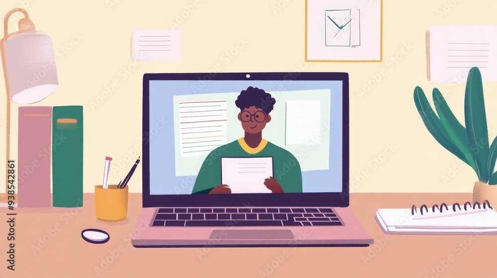 A virtual classroom on a laptop screen, with a student taking notes and engaging in a live lesson A virtual classroom on a laptop screen, with a student taking notes and engaging in a live lesson