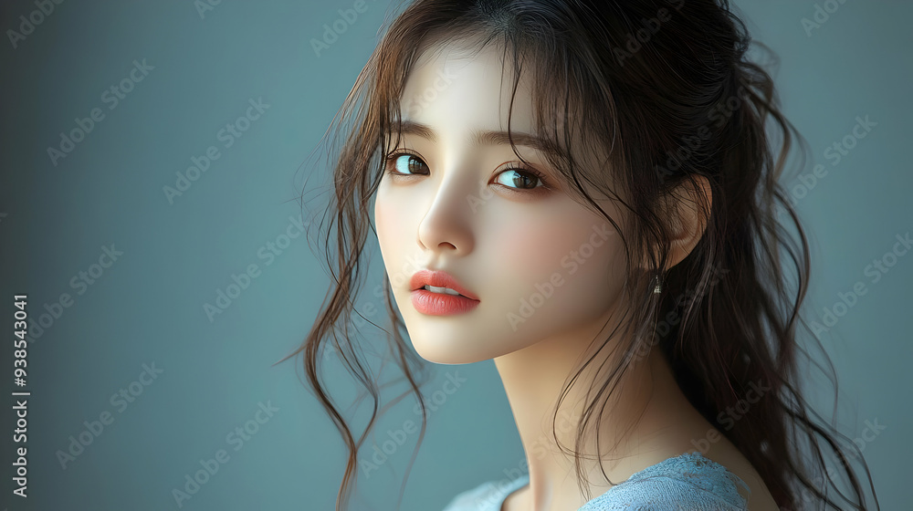 Closeup portrait of a young woman with long, dark hair looking at the camera. Closeup portrait of a young woman with long, dark hair looking at the camera.