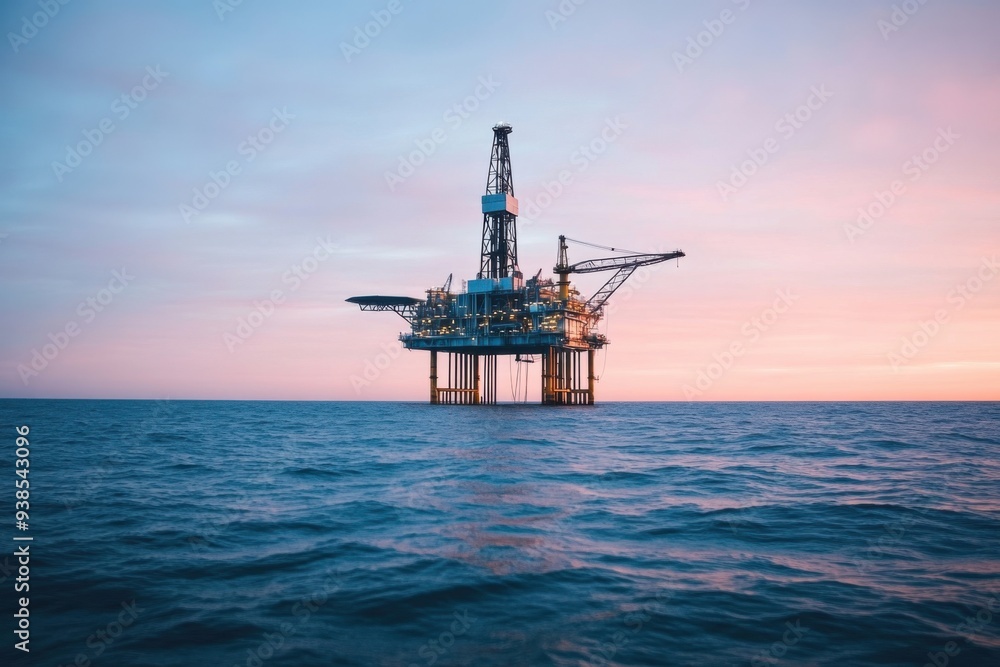 A majestic offshore oil rig stands against a vibrant sunset, reflecting the harmony of industry and nature in the ocean. A majestic offshore oil rig stands against a vibrant sunset, reflecting the harmony of industry and nature in the ocean.