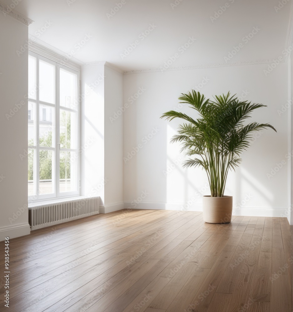 An empty white room with a wooden floor and a potted plant An empty white room with a wooden floor and a potted plant