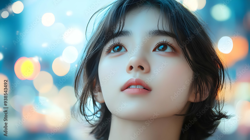 Close-up portrait of a young woman with short hair looking upwards, with blurred bokeh lights in the background. Close-up portrait of a young woman with short hair looking upwards, with blurred bokeh lights in the background.