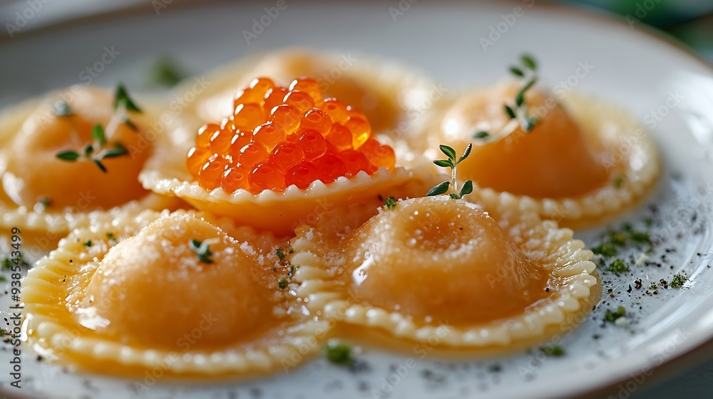 Appetizing pasta ravioli with red caviar Italian food food photography : Generative AI Appetizing pasta ravioli with red caviar Italian food food photography : Generative AI