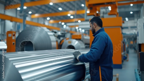 A worker in a manufacturing facility inspects metal sheets on a production line, showcasing industrial craftsmanship and technology. photo