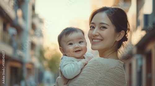 Mother lifting her baby during a walk in an apartment complex in Korea : Generative AI