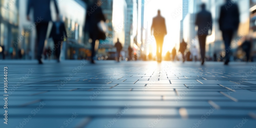 Fototapeta premium Urban scene with blurred figures walking on a modern street, capturing the essence of city life and movement at sunset.