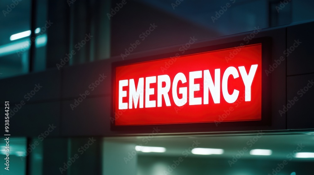 Illuminated emergency sign at night, representing urgent medical situations, guiding individuals seeking immediate assistance. Illuminated emergency sign at night, representing urgent medical situations, guiding individuals seeking immediate assistance.