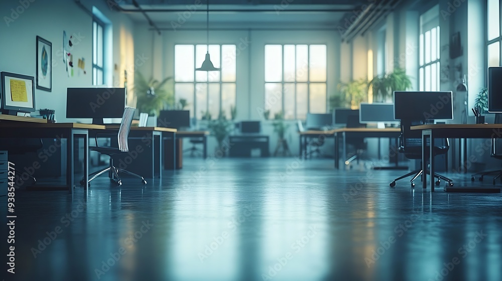 an office space with desks computers and other items on the floor in front of the room is empty : Generative AI an office space with desks computers and other items on the floor in front of the room is empty : Generative AI