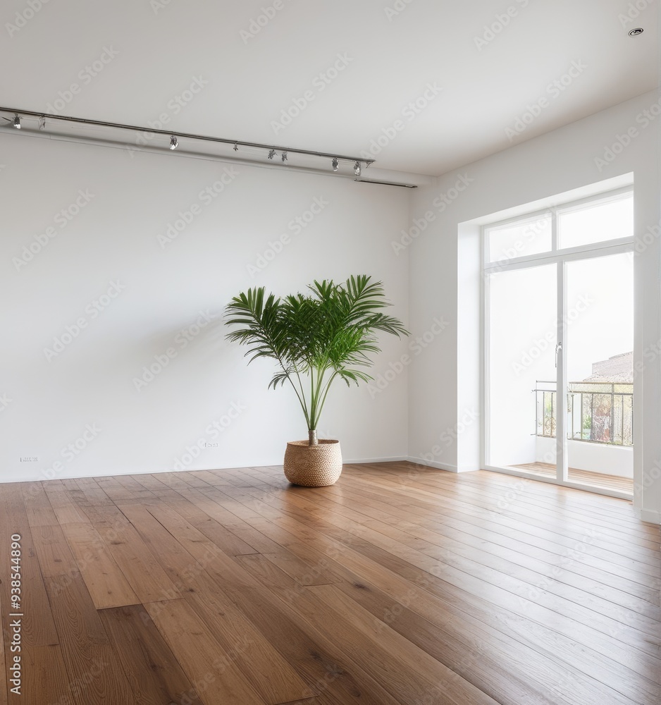 An empty white room with a wooden floor and a potted plant An empty white room with a wooden floor and a potted plant