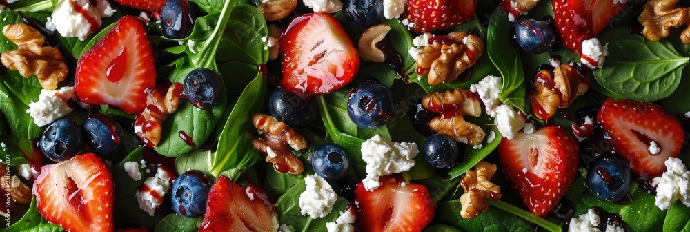 Close-up top view of a salad featuring strawberries, blueberries, walnuts, and spinach, drizzled with raspberry vinaigrette and topped with crumbled feta cheese. Close-up top view of a salad featuring strawberries, blueberries, walnuts, and spinach, drizzled with raspberry vinaigrette and topped with crumbled feta cheese.