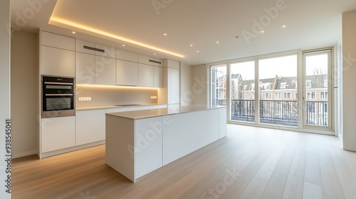 A sleek and modern kitchen featuring white cabinets builtin appliances and hardwood floors located in amsterdams schaarweg area : Generative AI