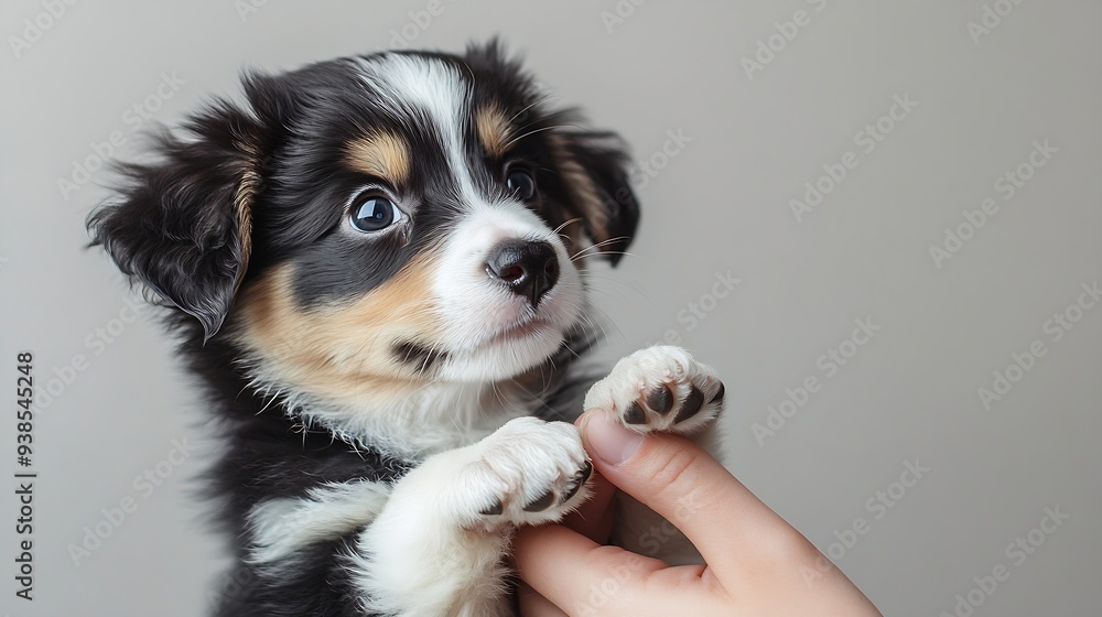 Side view portrait of little puppy purebred Australian Shepherd dog give a paw to human against white studio background Concept of pet lover animal life grooming and veterinary Copy sp : Generative AI Side view portrait of little puppy purebred Australian Shepherd dog give a paw to human against white studio background Concept of pet lover animal life grooming and veterinary Copy sp : Generative AI
