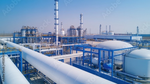 Industrial facility showcasing pipelines, storage tanks, and processing units against a clear blue sky, representing modern manufacturing.