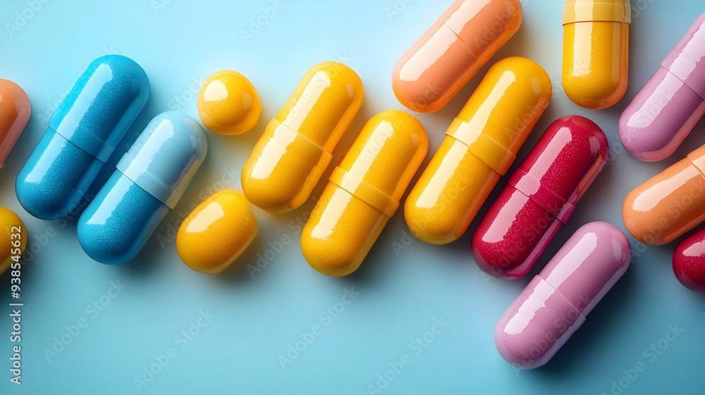 Colorful pills and capsules scattered on blue background. Colorful pills and capsules scattered on blue background.