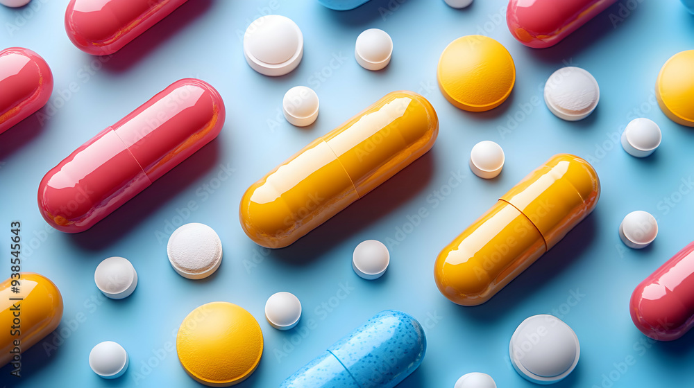 Colorful pills and tablets scattered on a blue background. Colorful pills and tablets scattered on a blue background.