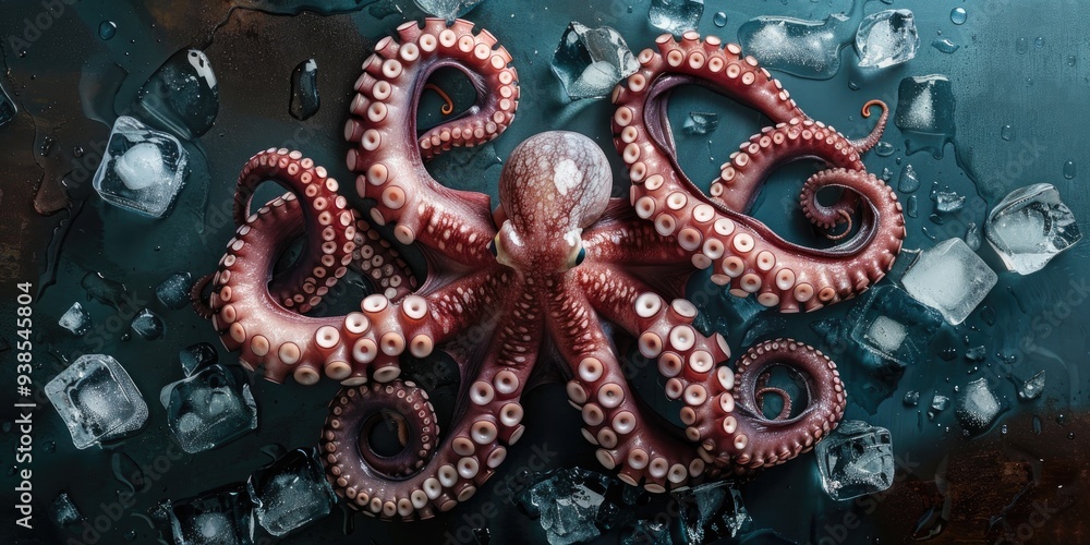Newly caught octopus displayed on a deep blue surface, surrounded by ice cubes, with its eight tentacles coiling inward. Newly caught octopus displayed on a deep blue surface, surrounded by ice cubes, with its eight tentacles coiling inward.