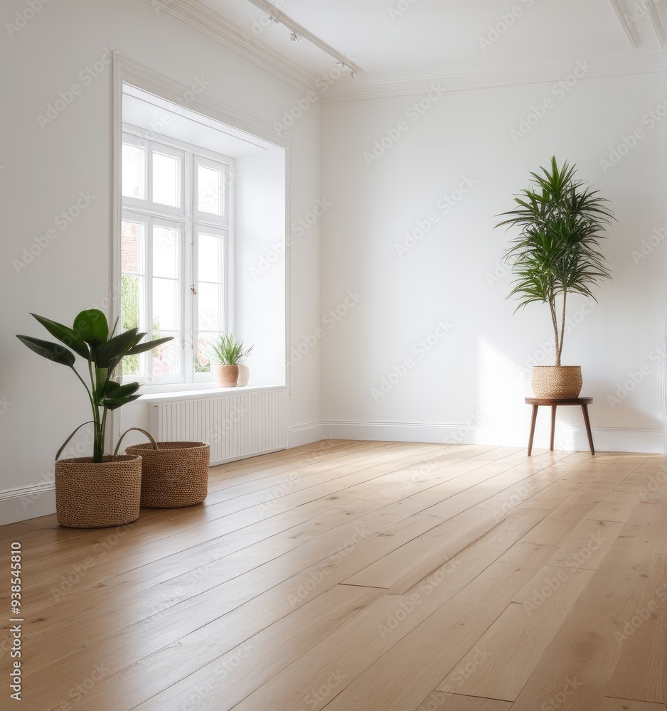 An empty white room with a wooden floor and a potted plant An empty white room with a wooden floor and a potted plant