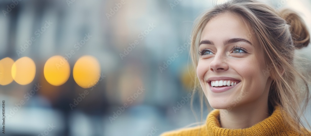 Joyful woman smiling brightly in a cozy sweater, outdoors with a soft background of city lights, capturing a moment of happiness. Joyful woman smiling brightly in a cozy sweater, outdoors with a soft background of city lights, capturing a moment of happiness.
